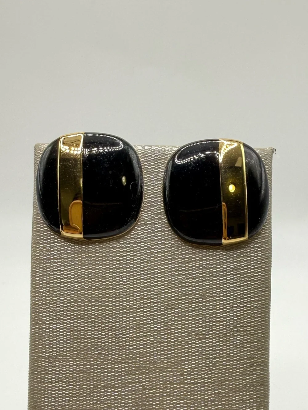 Monet Black Enamel & Gold Tone Square Pierced Earrings Vintage